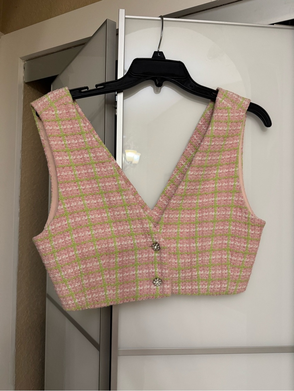 Zara Pink and lime color Tweed Cropped V-Neck Top.
